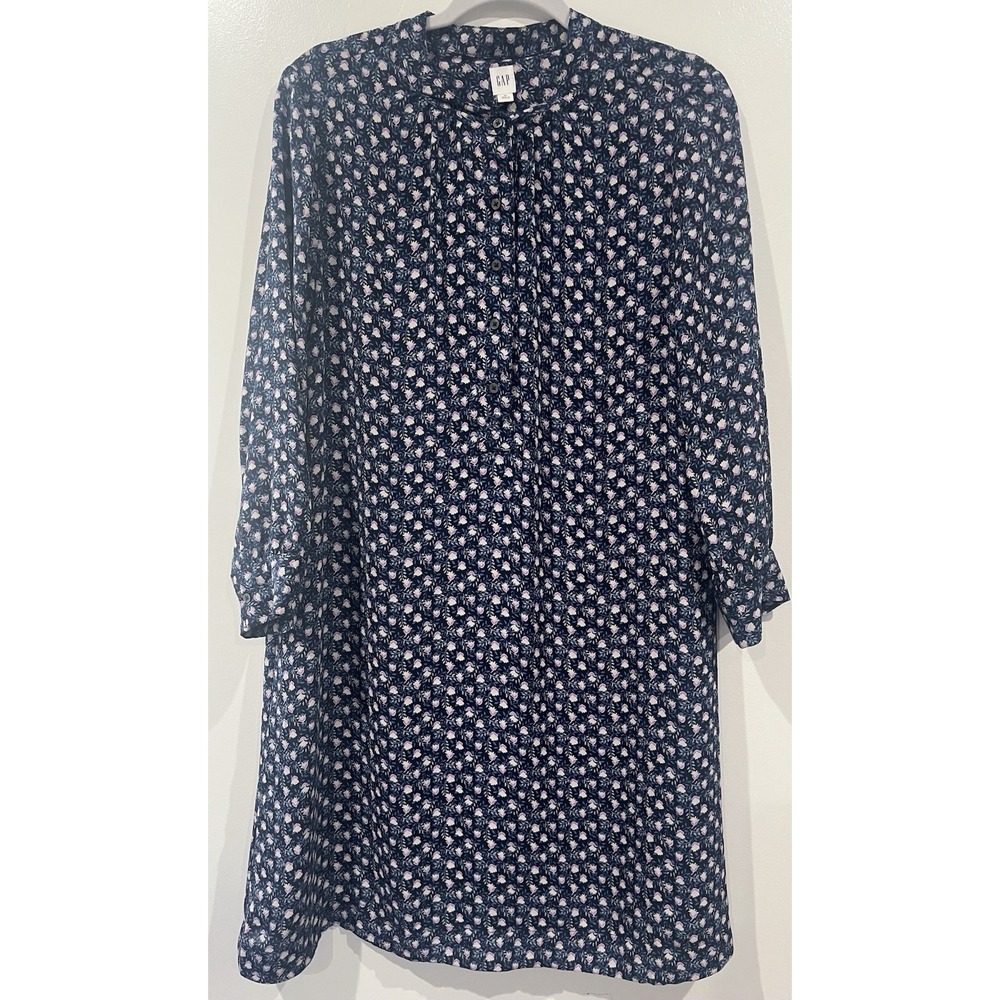 Gap Womens Navy Blue Floral Long Sleeve Button Front Shift Dress Size M - Picture 1 of 8